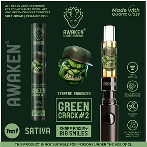 Awaken® Vape Blaster Cartridges 1ml - Green Crack #2 (Sativa)